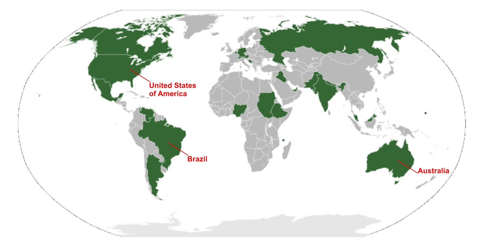 Image result for 2. Identify and shade three federal countries (other than India) on a blank outline political map of the world.
